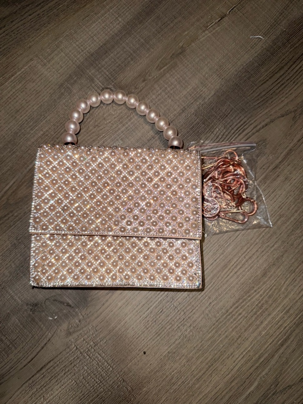 Pearl-Handle Embellished Evening Bag in Rose Gold